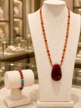 Carnelian Necklace & Goldstone Bead Bracelet Adopted Set 16"
